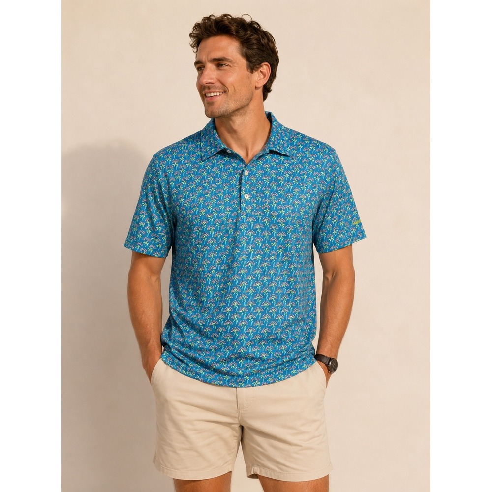 Chubbies Mens Performance Polo Golf Shirt Teal Palm Tree Sun Print Size S Summer